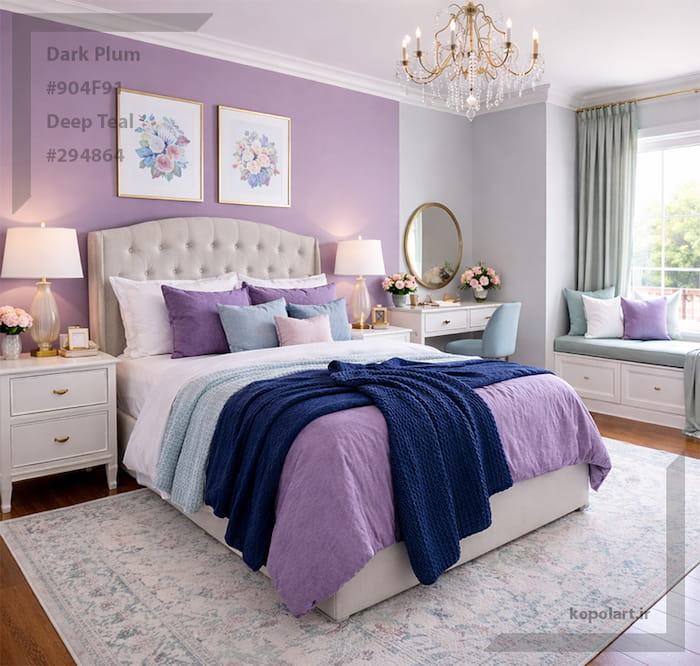 ست اتاق دخترانه با رنگ‌های ارغوانی، آبی نفتی، سبز مریم گلی و آبی مه‌آلود